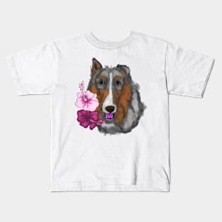 Rough collie with hibiscus flowers Kids T-Shirt